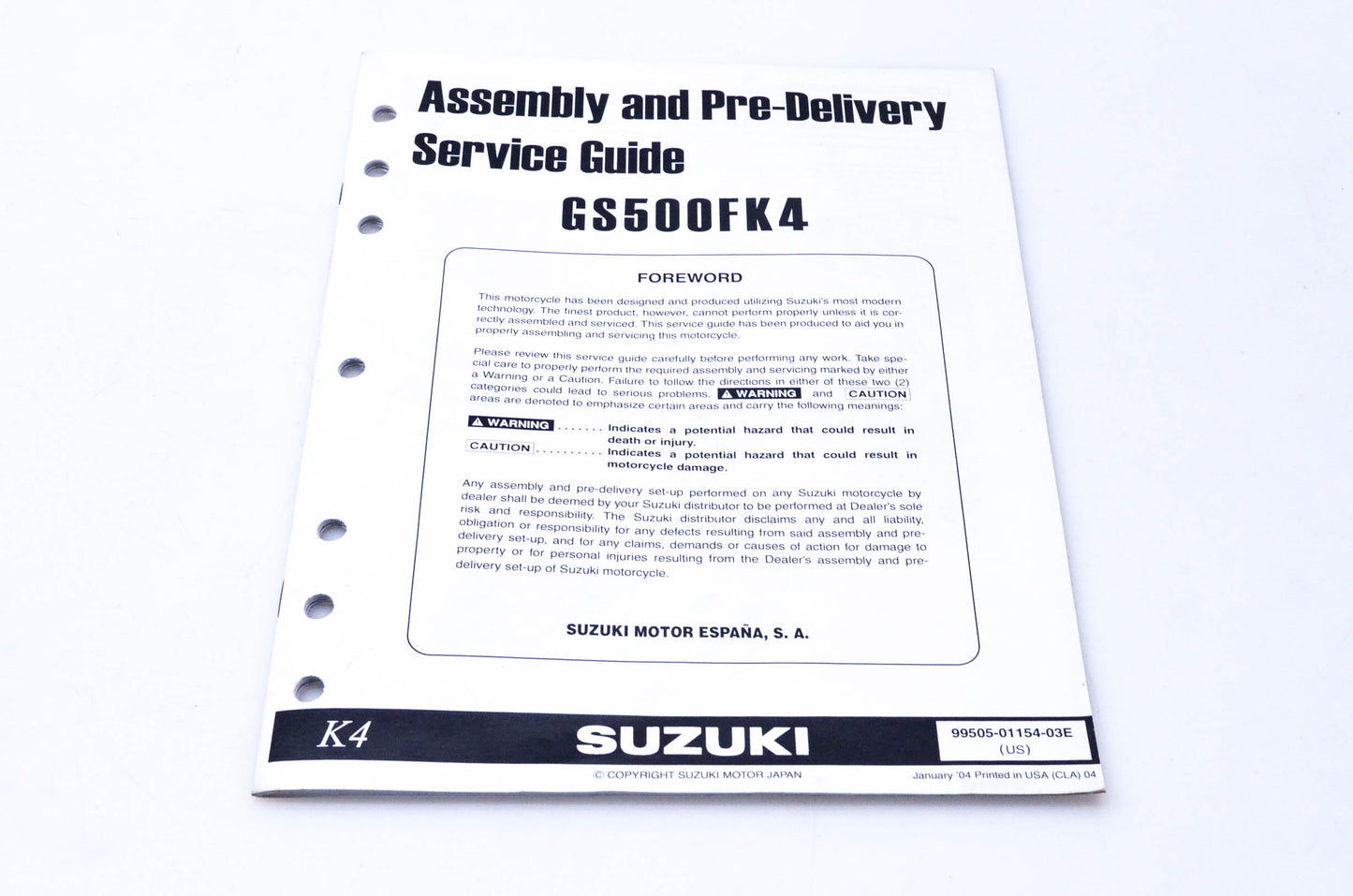 OEM Suzuki 99505-01154-03E GS500FK4 Assembly & Pre-Delivery Service Guide