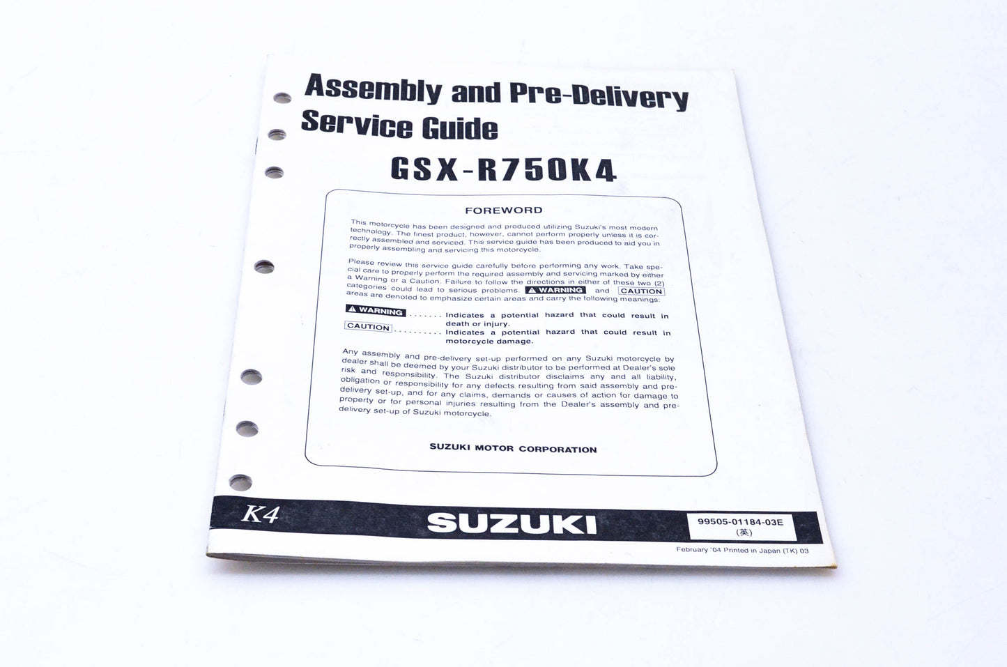 OEM Suzuki 99505-01184-03E GSX-R750K4 Assembly & Pre-Delivery Service Guide