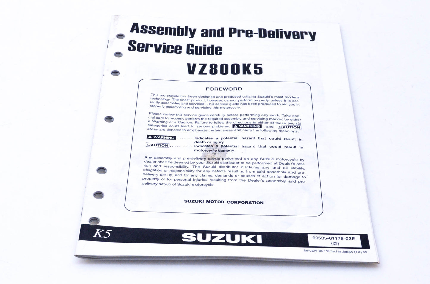 OEM Suzuki 99505-01175-03E VZ800K5 Assembly & Pre-Delivery Service Guide