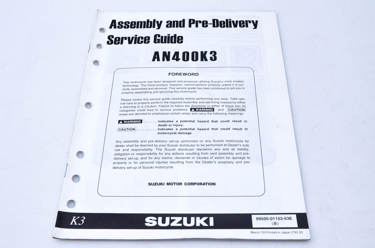 OEM Suzuki 99505-01153-03E AN400K3 Assembly & Pre-Delivery Service Guide