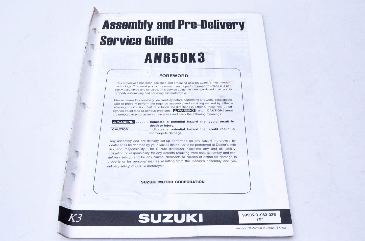 OEM Suzuki 99505-01063-03E AN650K3 Assembly & Pre-Delivery Service Guide