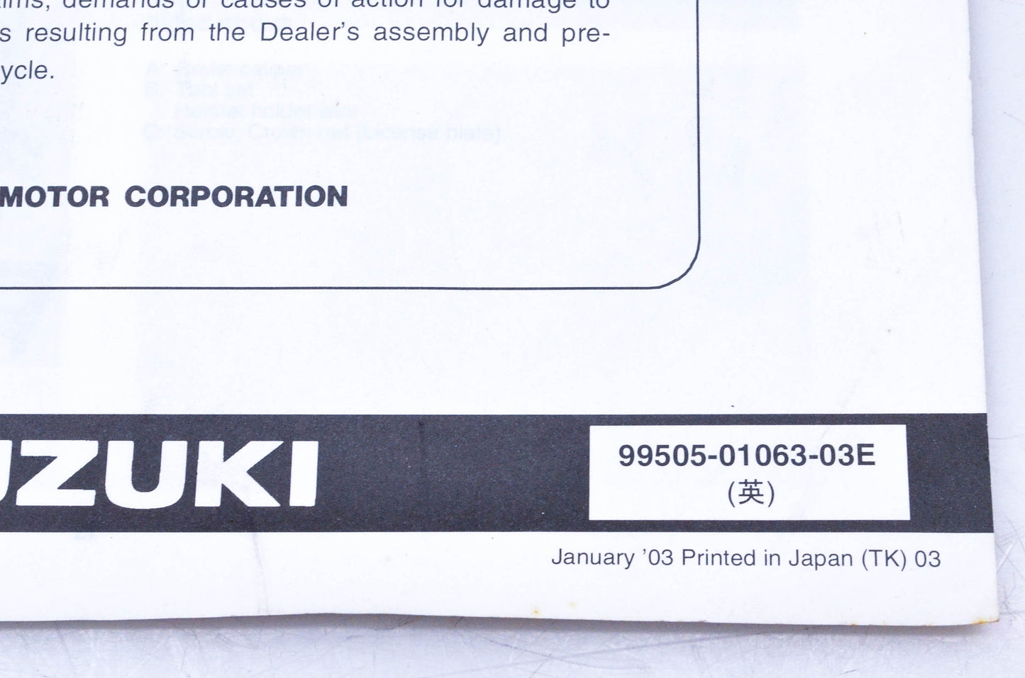 OEM Suzuki 99505-01063-03E AN650K3 Assembly & Pre-Delivery Service Guide