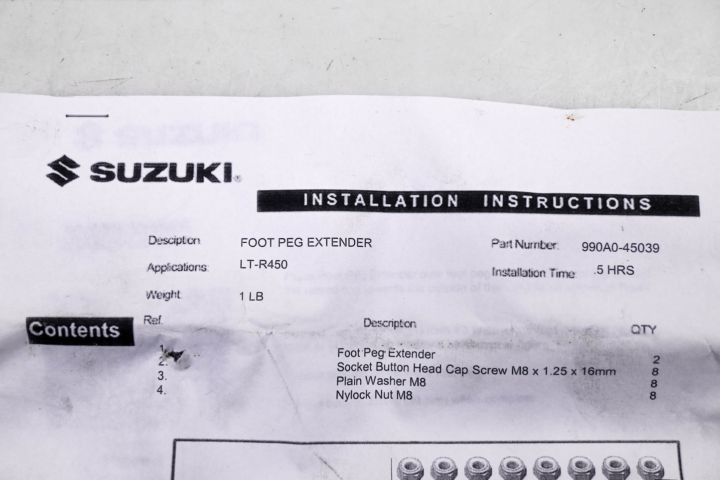 New OEM Suzuki 990A0-45039 LT-R 450 2006 Footpeg Maxi-Miser Kit NOS