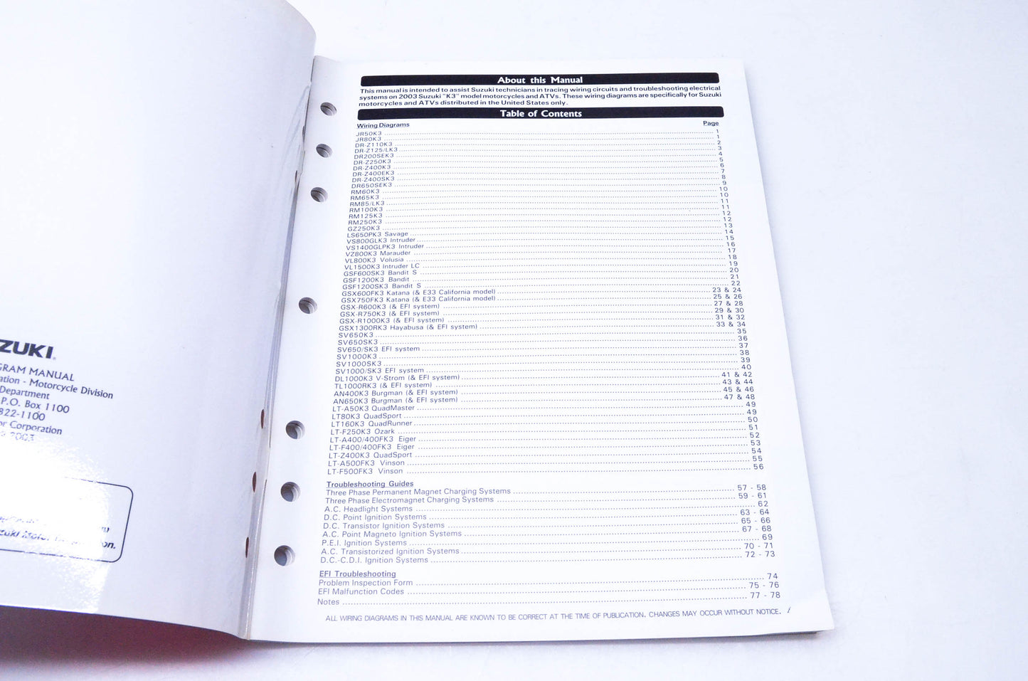 OEM Suzuki 99923-54003 2003 "K3" Models Wiring Diagram Manual