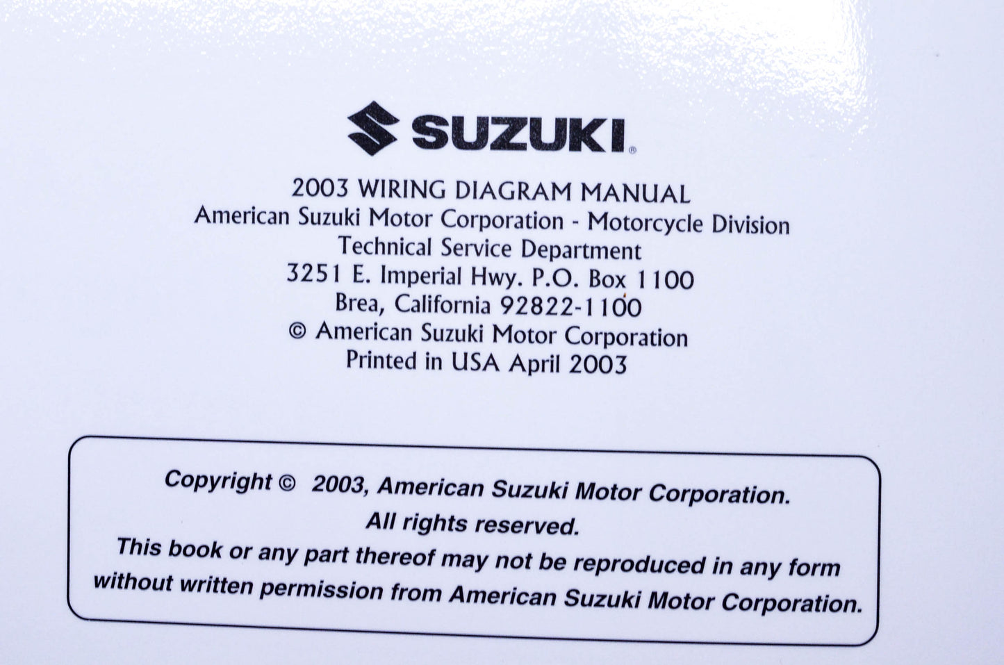 OEM Suzuki 99923-54003 2003 "K3" Models Wiring Diagram Manual
