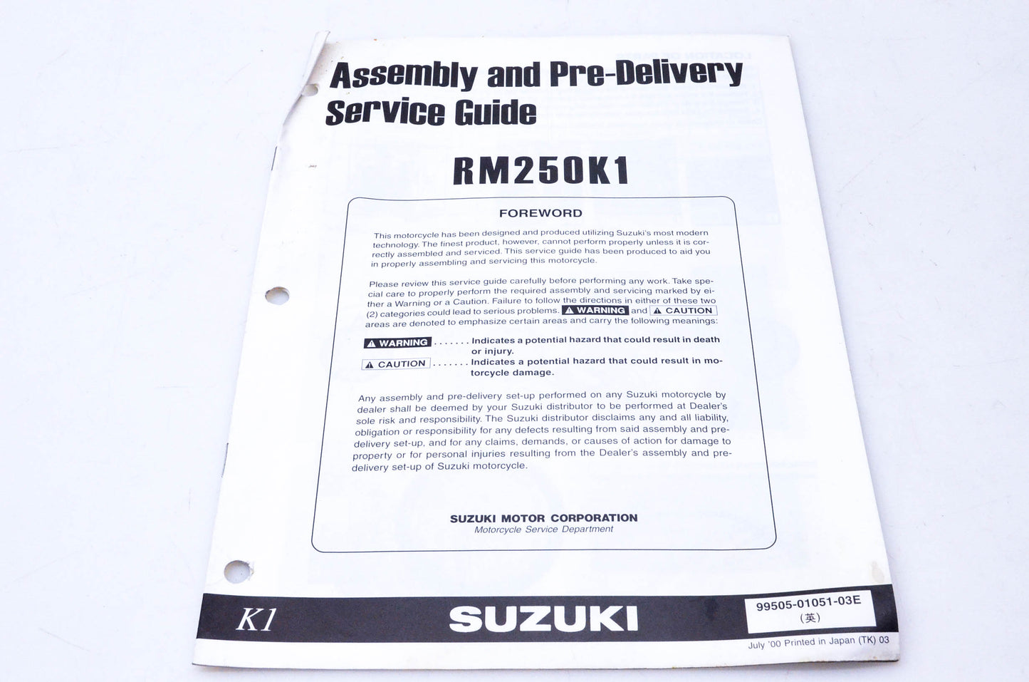 OEM Suzuki 99505-01051-03E RM250K1 Assembly & Pre-Delivery Service Guide