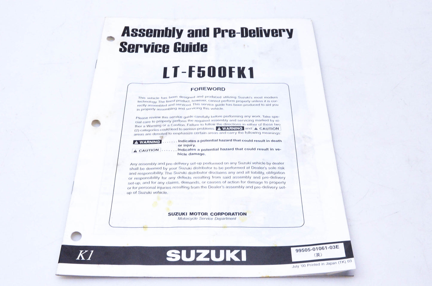 OEM Suzuki 99505-01061-03E LT-F500FK1 Assembly & Pre-Delivery Service Guide