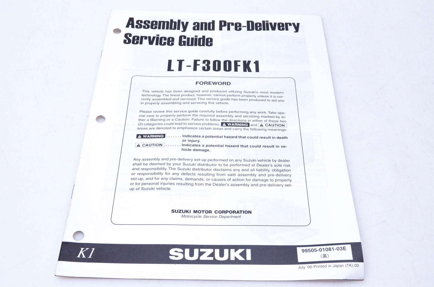 OEM Suzuki 99505-01081-03E LT-F300FK1 Assembly & Pre-Delivery Service Guide