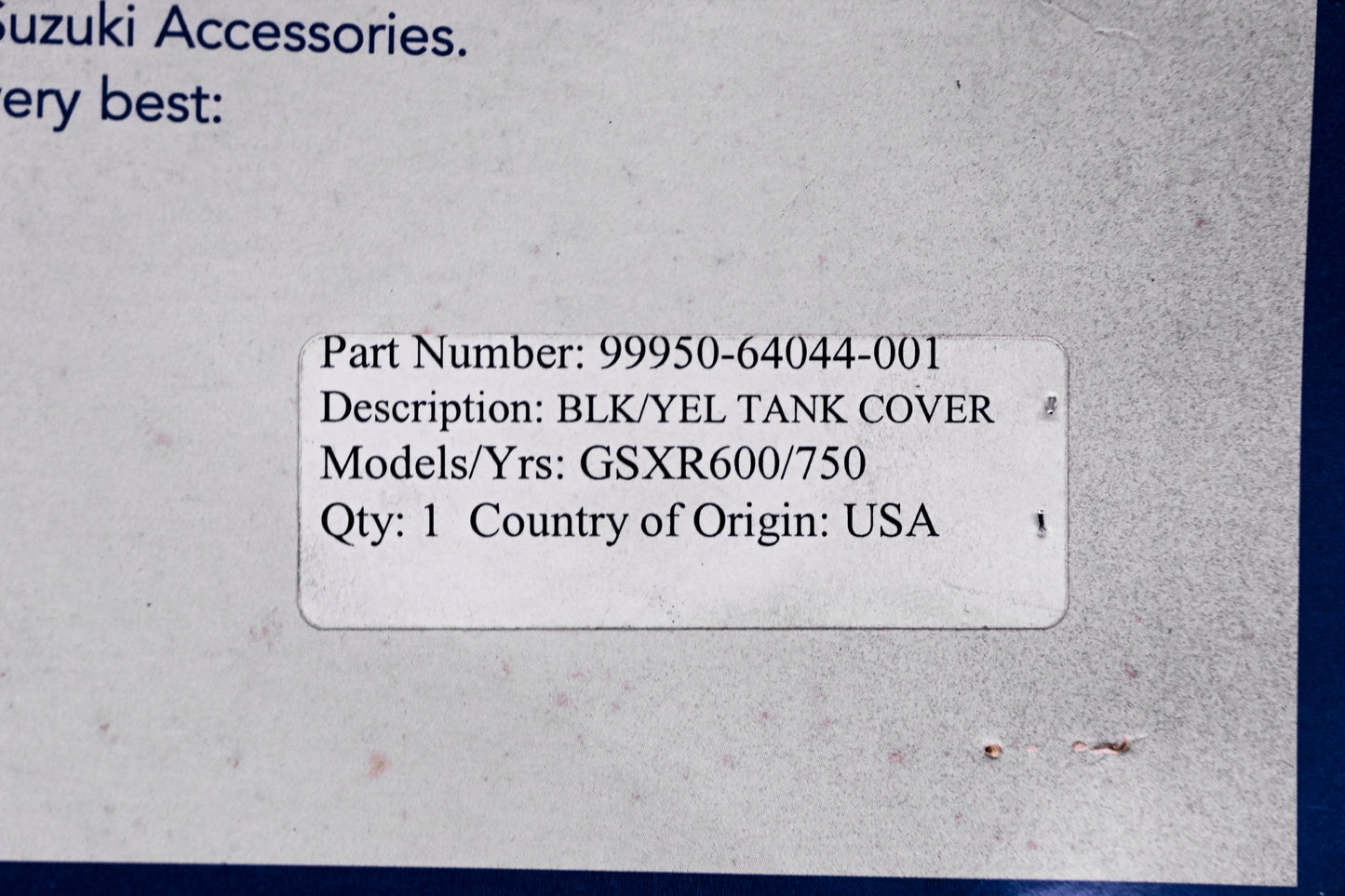 New OEM Suzuki 99950-64044-001 Black & Yellow Tank Cover NOS