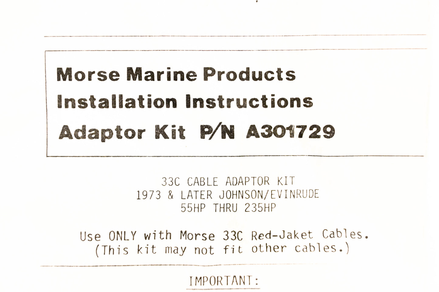 Morse Marine Controls A301729 Control Cable Adapter Kit NOS