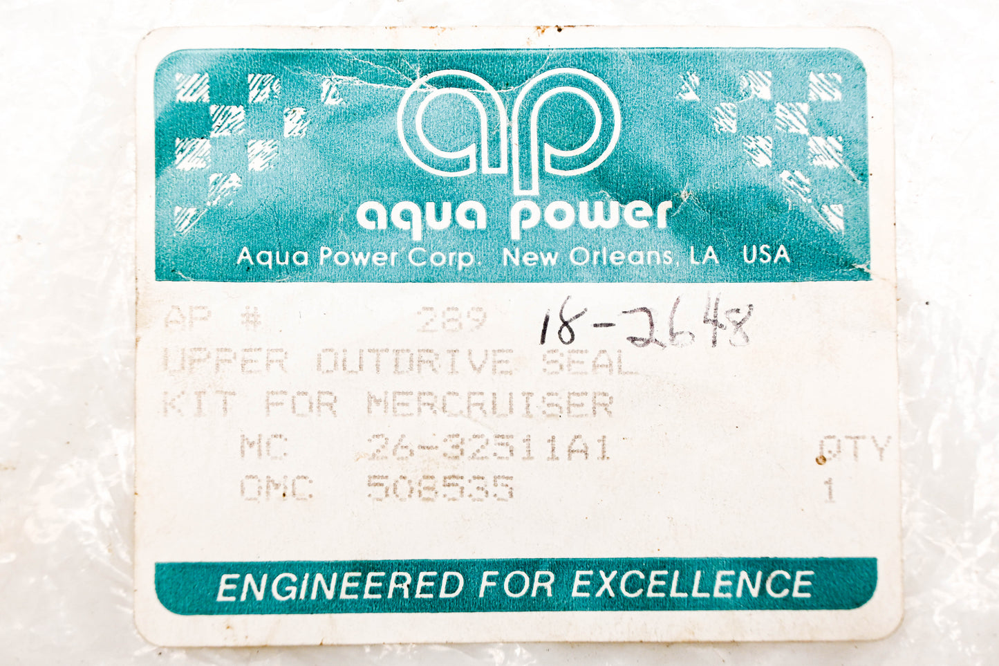 Aqua Power 289, 26-32511A1, 508535 Upper Outer Drive Seal NOS