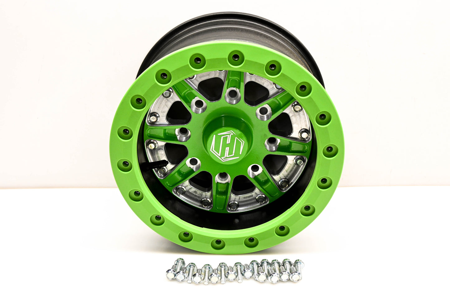Hiper 1270-KCAYL-43-SBL-YL, 54-3294 Green Sidewinder Wheel 12x7 4+3 4/136 4/137 Rim NOS