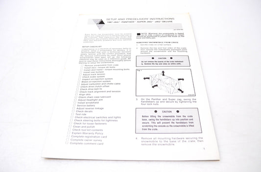 New OEM Arctic Cat 2254-442 Arctco Setup & Predelivery Instructions 1987 Jag, Panther, Super Jag, Jag Deluxe NOS