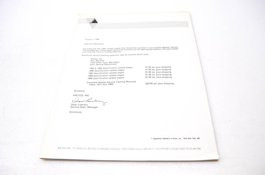 New OEM Arctic Cat S835R Arctco 1989 Updated Pages for Master Service Training Manual NOS