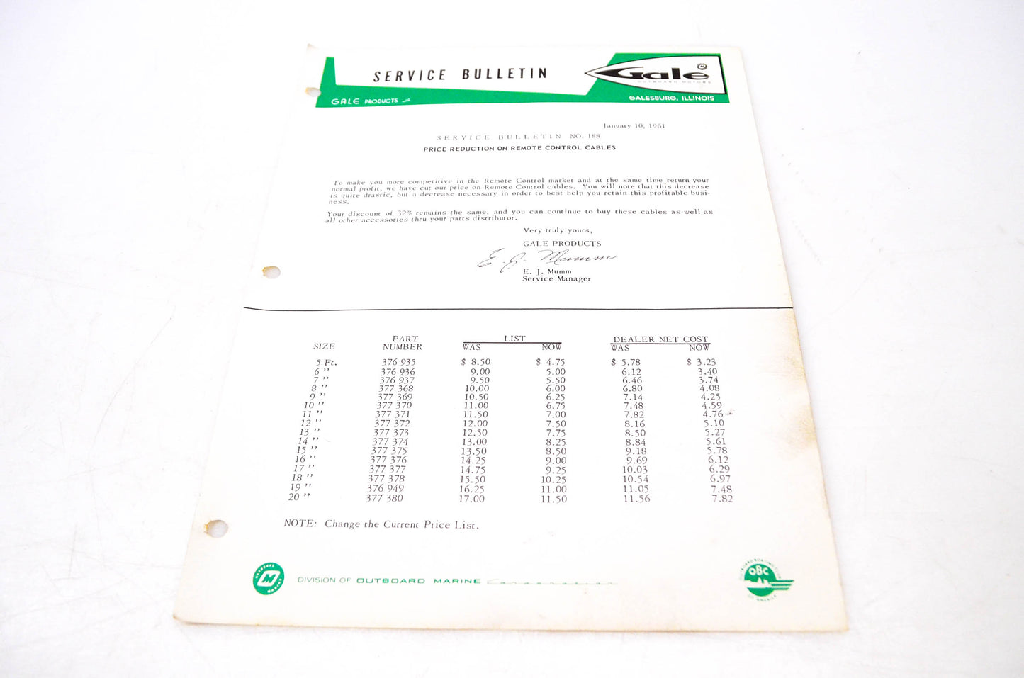 Gale Outboard Motors Service Bulletin NO.188 January 10, 1961 NOS