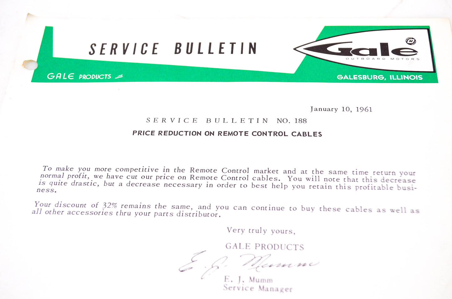 Gale Outboard Motors Service Bulletin NO.188 January 10, 1961 NOS