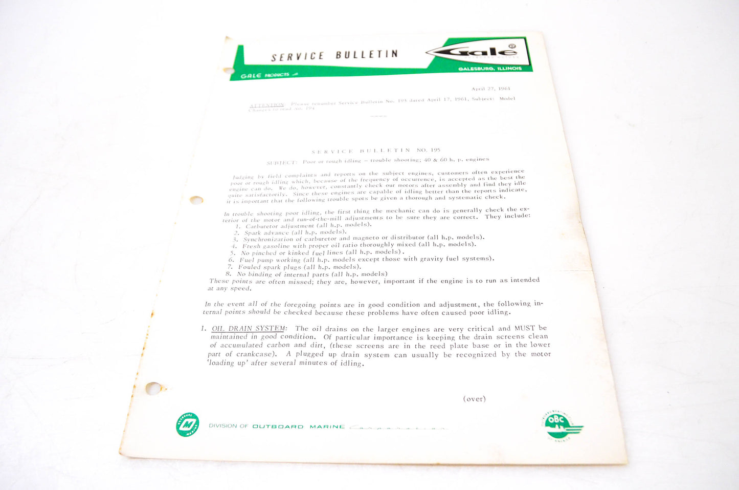 Gale Outboard Motors Service Bulletin No. 195 April 27, 1961 NOS