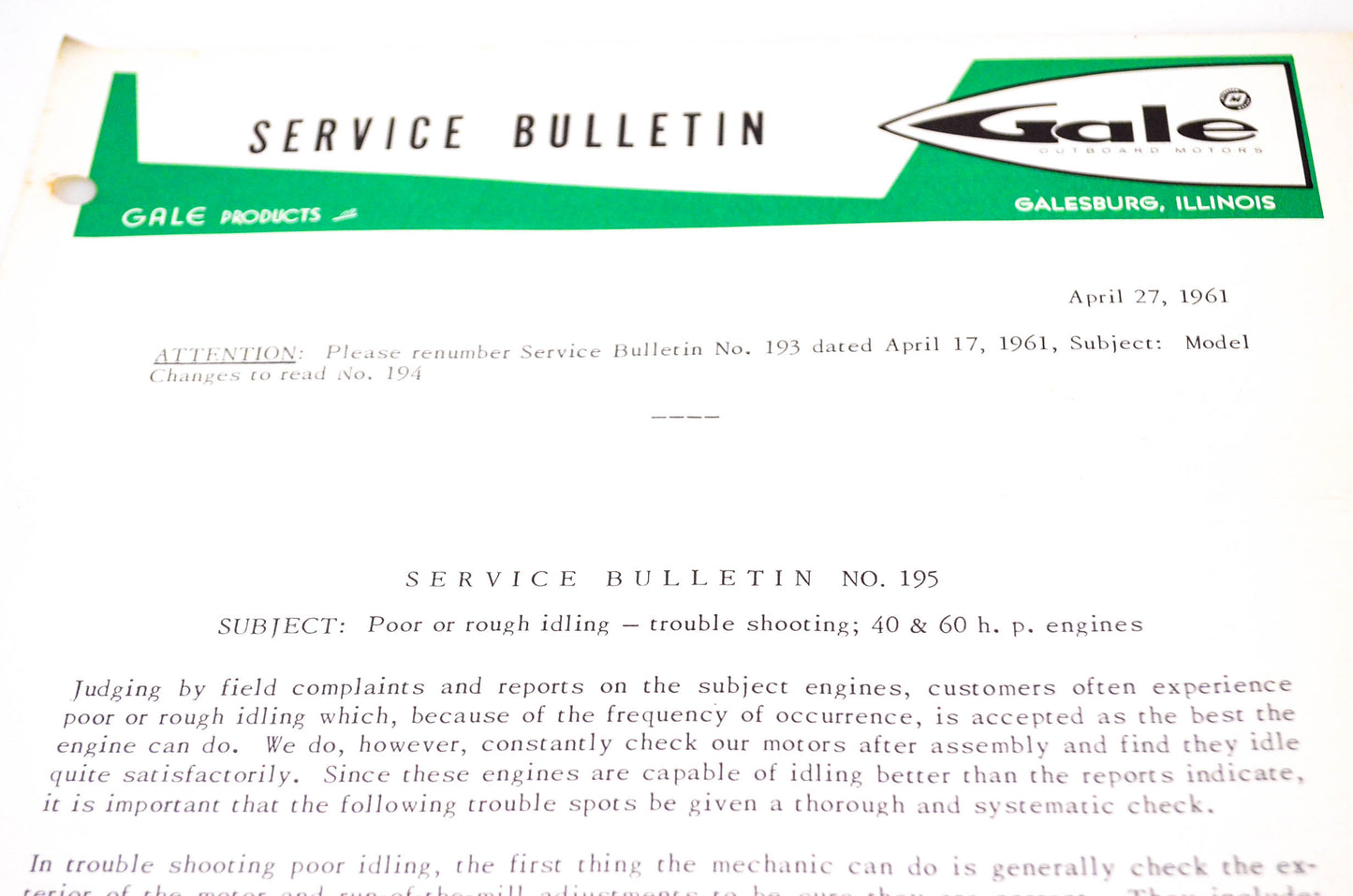 Gale Outboard Motors Service Bulletin No. 195 April 27, 1961 NOS