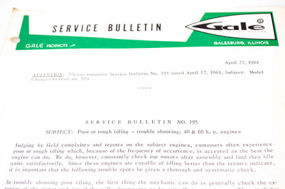 Gale Outboard Motors Service Bulletin No. 195 April 27, 1961 NOS