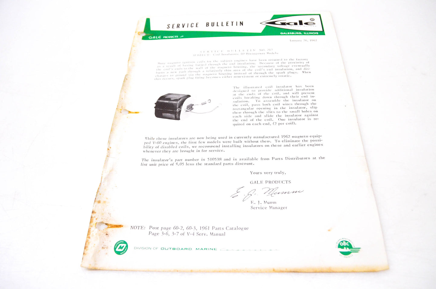 Gale Outboard Motors Service Bulletin NO.217 January 26, 1962 NOS