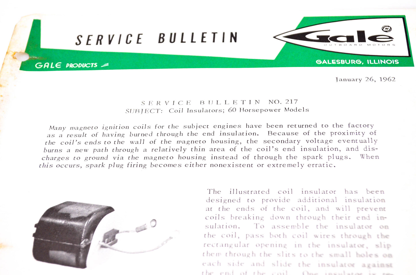 Gale Outboard Motors Service Bulletin NO.217 January 26, 1962 NOS