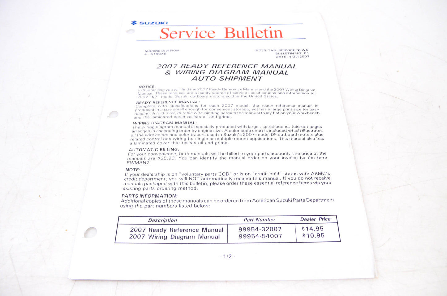 OEM Suzuki 2007 Service Bulletin Ready Reference & Wiring Diagram Manual Auto-Shipment