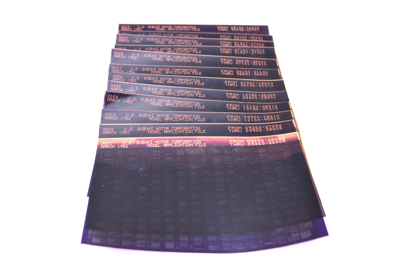 OEM Suzuki 1982/March Model Application File Microfiche Pages 1 - 12