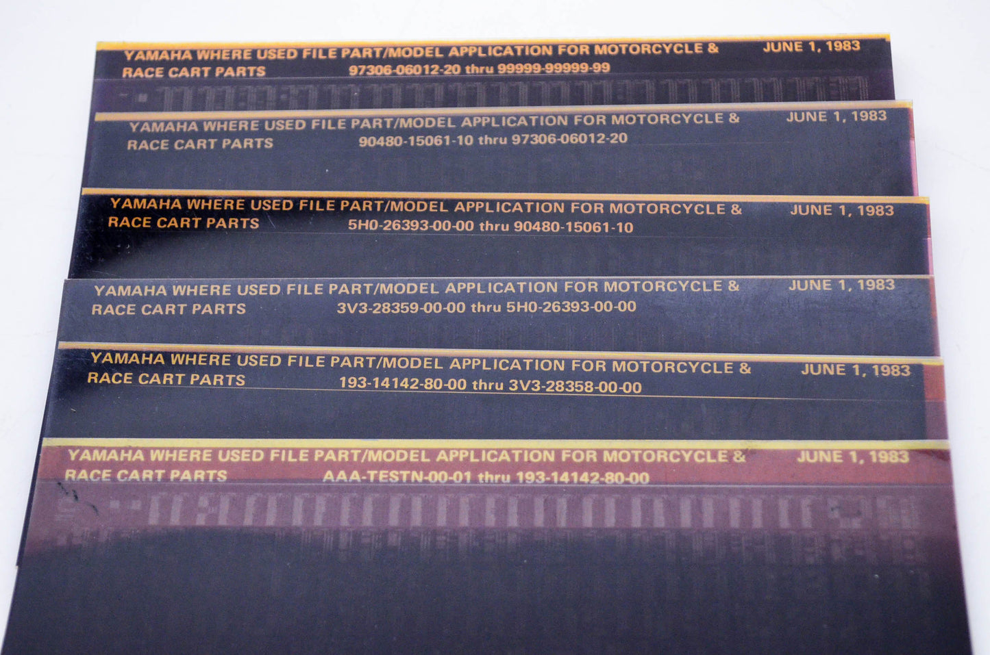 OEM Yamaha 1983/June Where Used File Part/Model Application Microfiche pgs 1 - 6