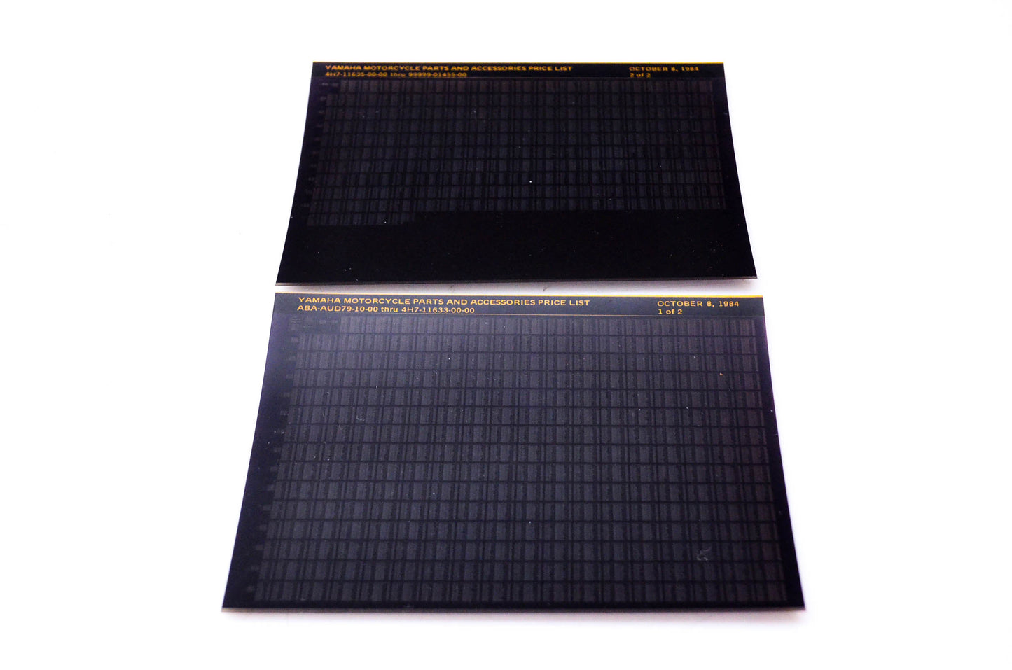 OEM Yamaha ABA-AUD79-10-00 1984/Oct Motorcycle Parts and Accessories Price List Microfiche Pgs 1-2