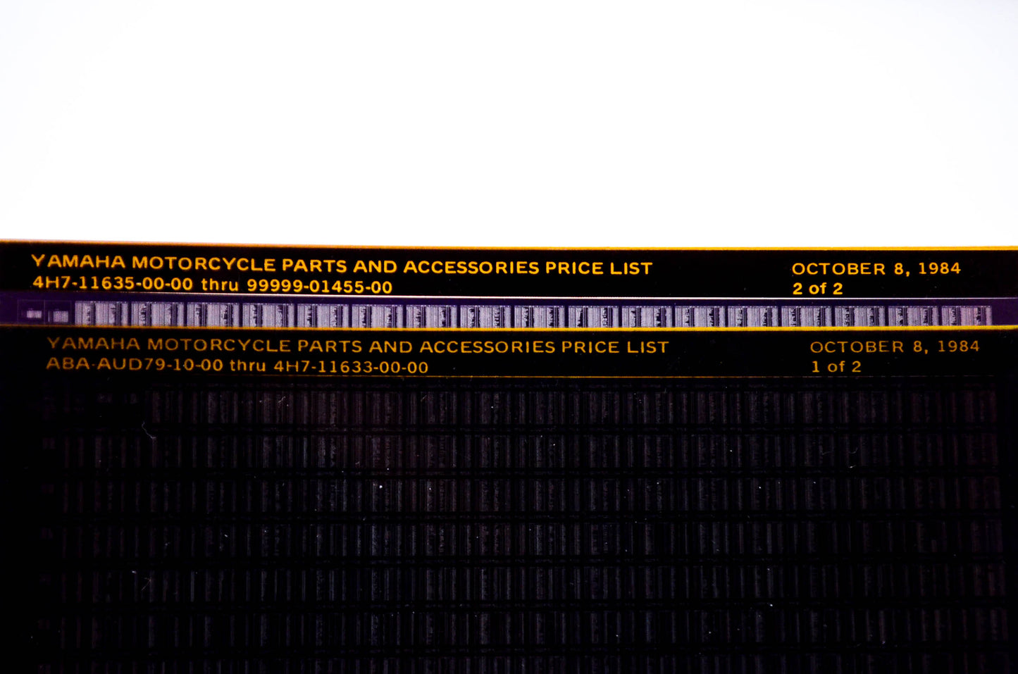 OEM Yamaha ABA-AUD79-10-00 1984/Oct Motorcycle Parts and Accessories Price List Microfiche Pgs 1-2