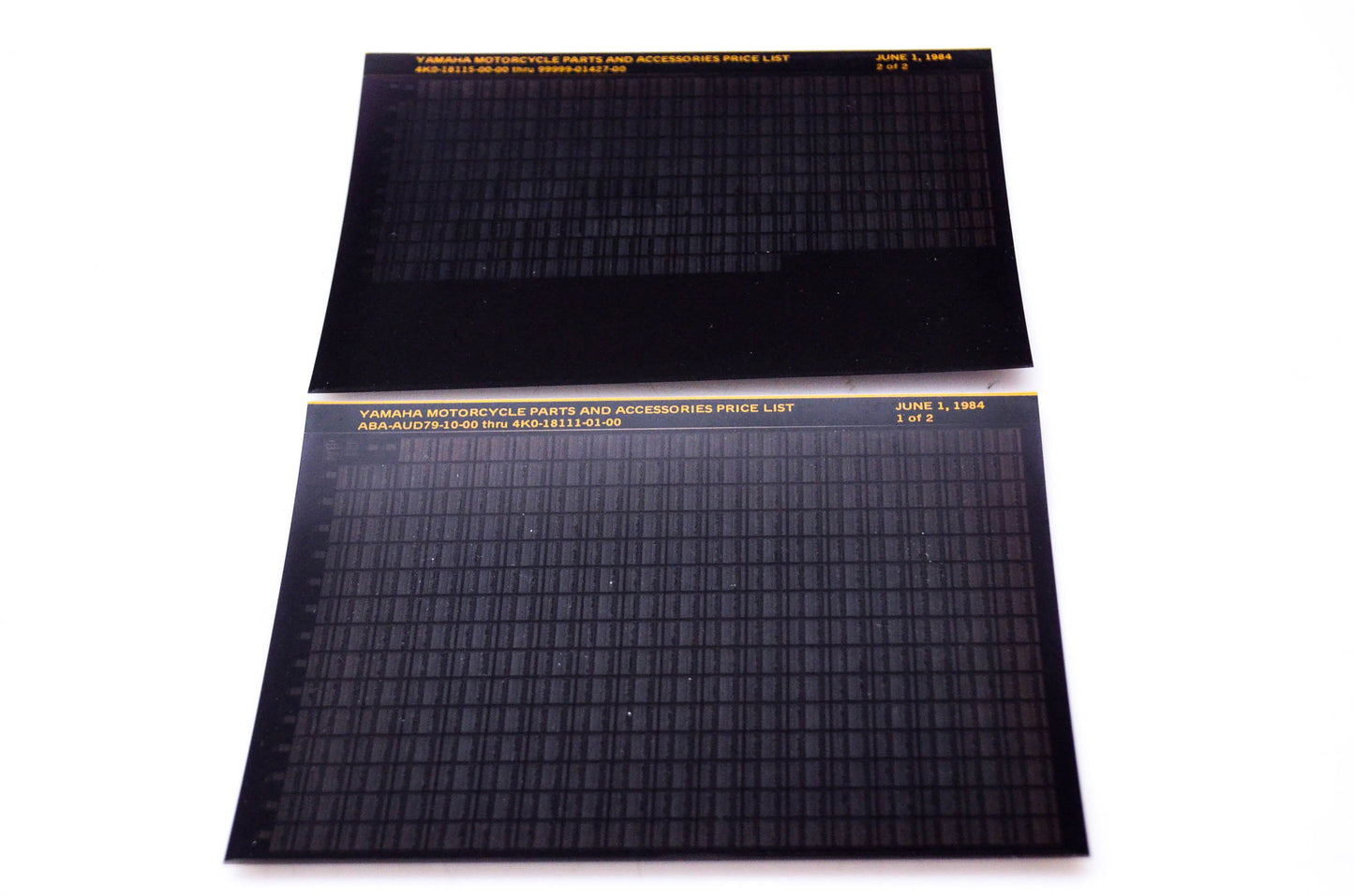 OEM Yamaha ABA-AUD79-10-00 1984/Jun Motorcycle Parts and Accessories Price List Microfiche Pgs 1-2