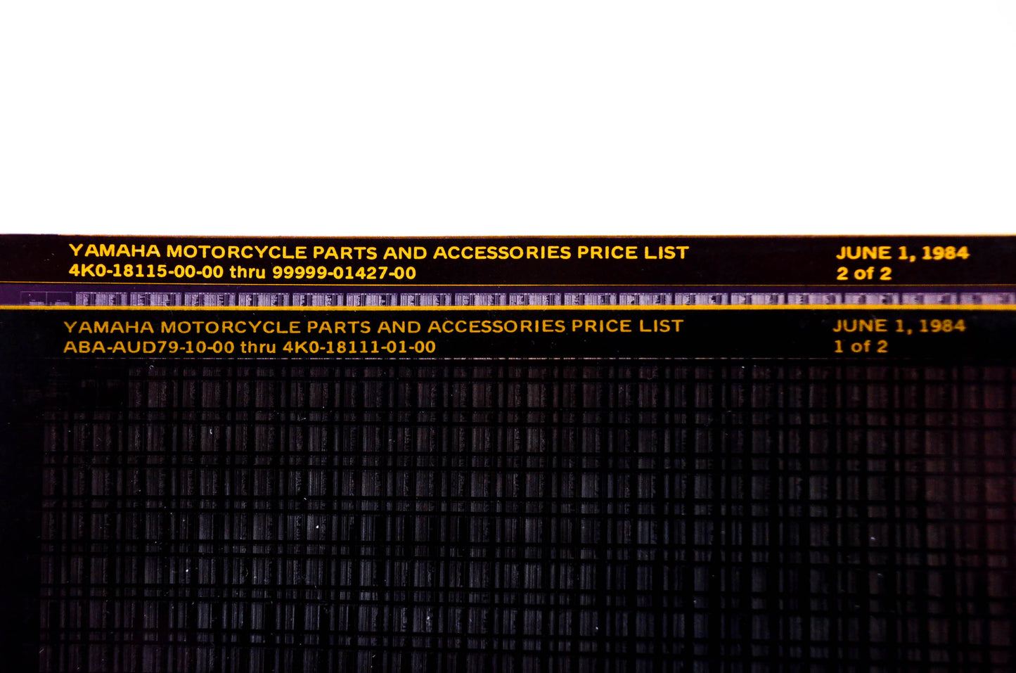 OEM Yamaha ABA-AUD79-10-00 1984/Jun Motorcycle Parts and Accessories Price List Microfiche Pgs 1-2