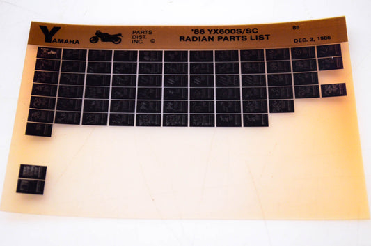 OEM Yamaha YX600S/SC 1986/December 3 '86 Radian Parts List Microfiche