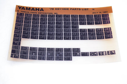 OEM Yamaha XS1100E 1983/July 14 '78 Parts List Microfiche