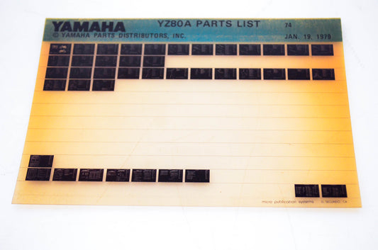 OEM Yamaha YZ80A 1979/January 19 '74 Parts List Microfiche