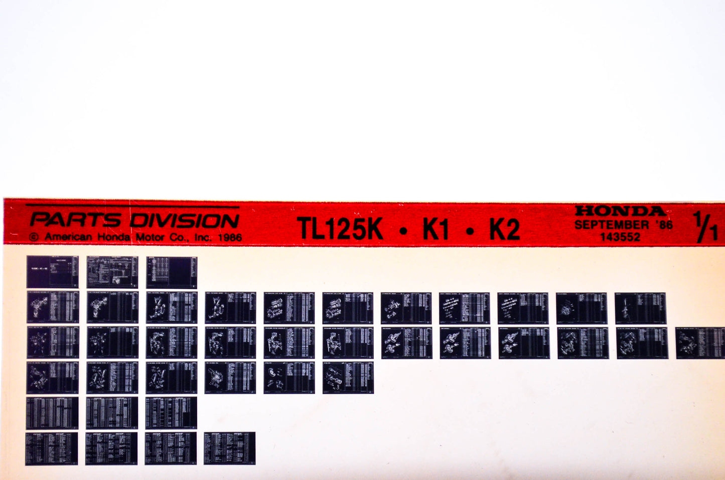 OEM Honda TL125K, K1, K2 1986/September '86 Parts Catalog Microfiche