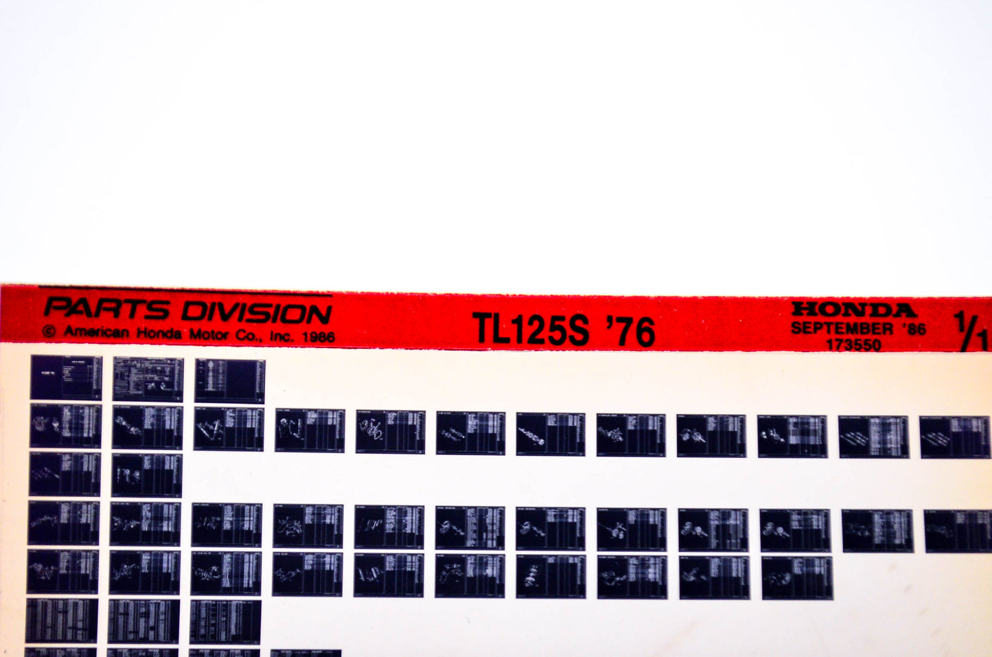 OEM Honda TL125S 1986/September '76 Parts Catalog Microfiche