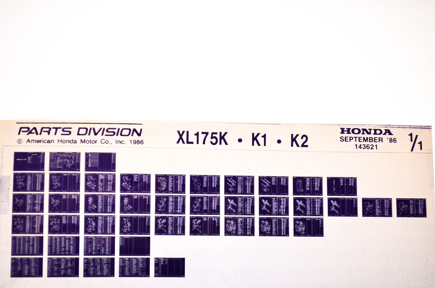 OEM Honda XL175K, K1, K2 1986/September '86 Parts Catalog Microfiche