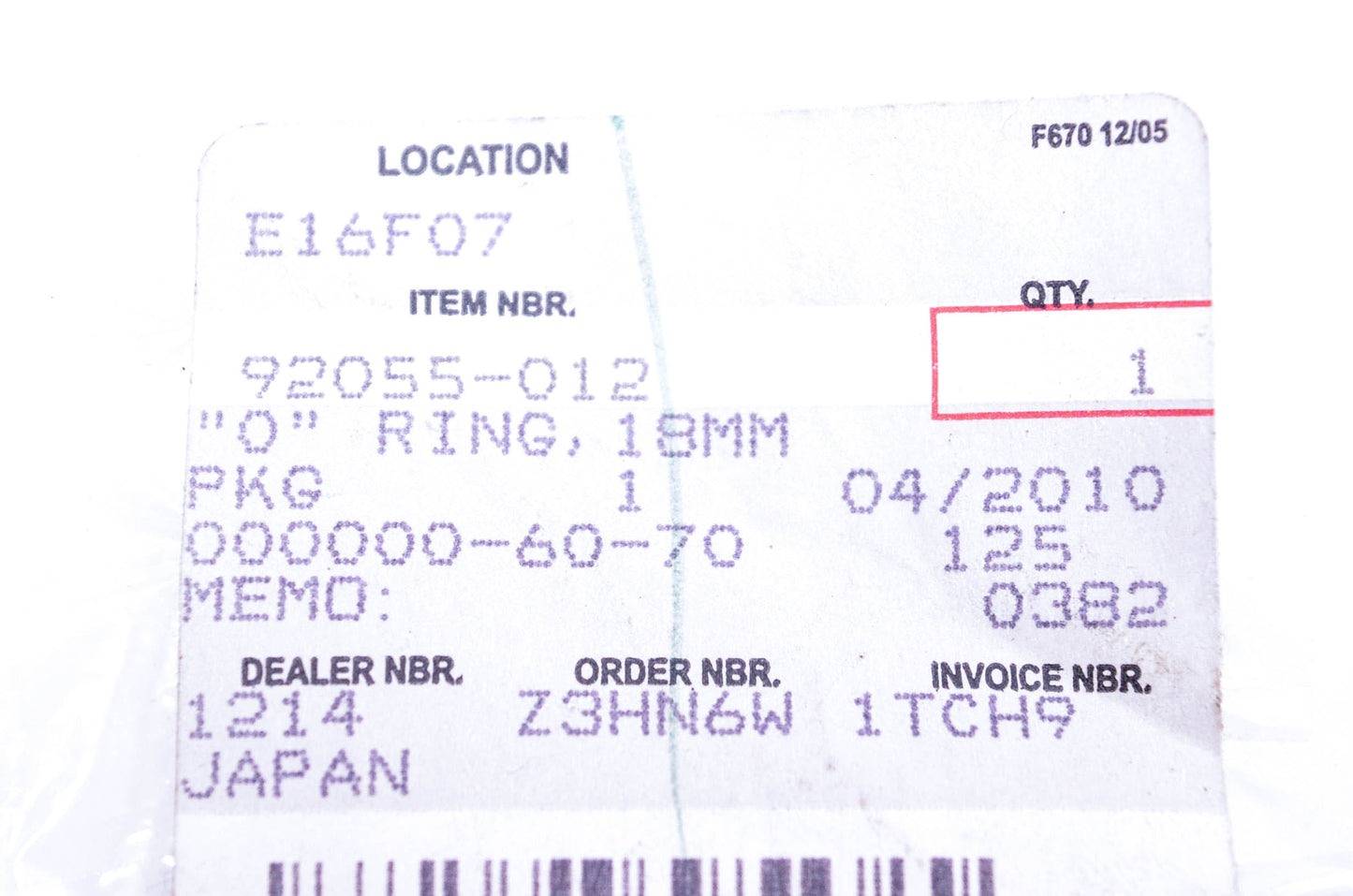 New OEM Kawasaki 92055-012 O Ring 18mm NOS