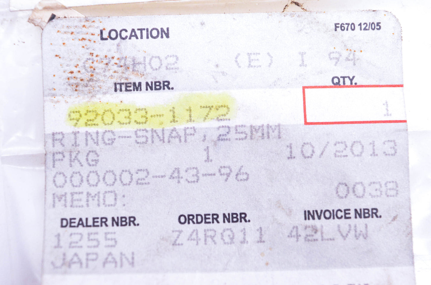 New OEM Kawasaki 92033-1172 Snap Ring 25mm NOS