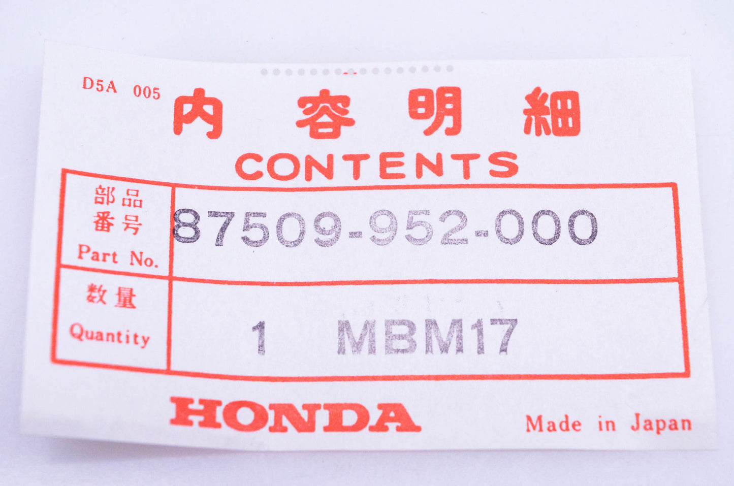 New OEM Honda 87509-952-000 Front Fan Label NOS