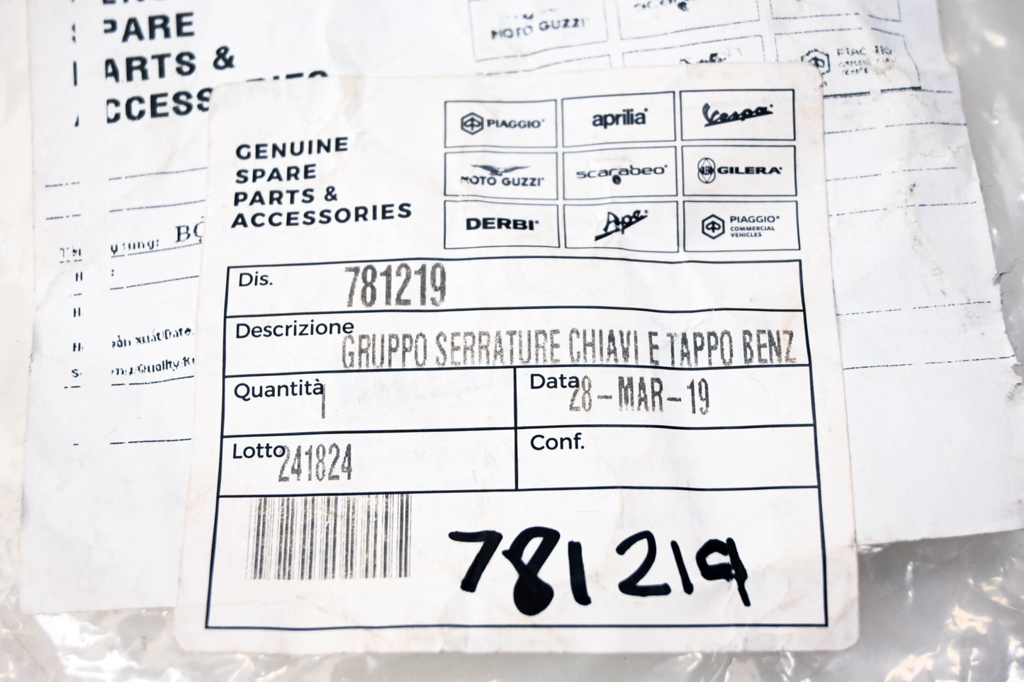Piaggio 781219 Fuel Cap Cylinder Key Kit NOS