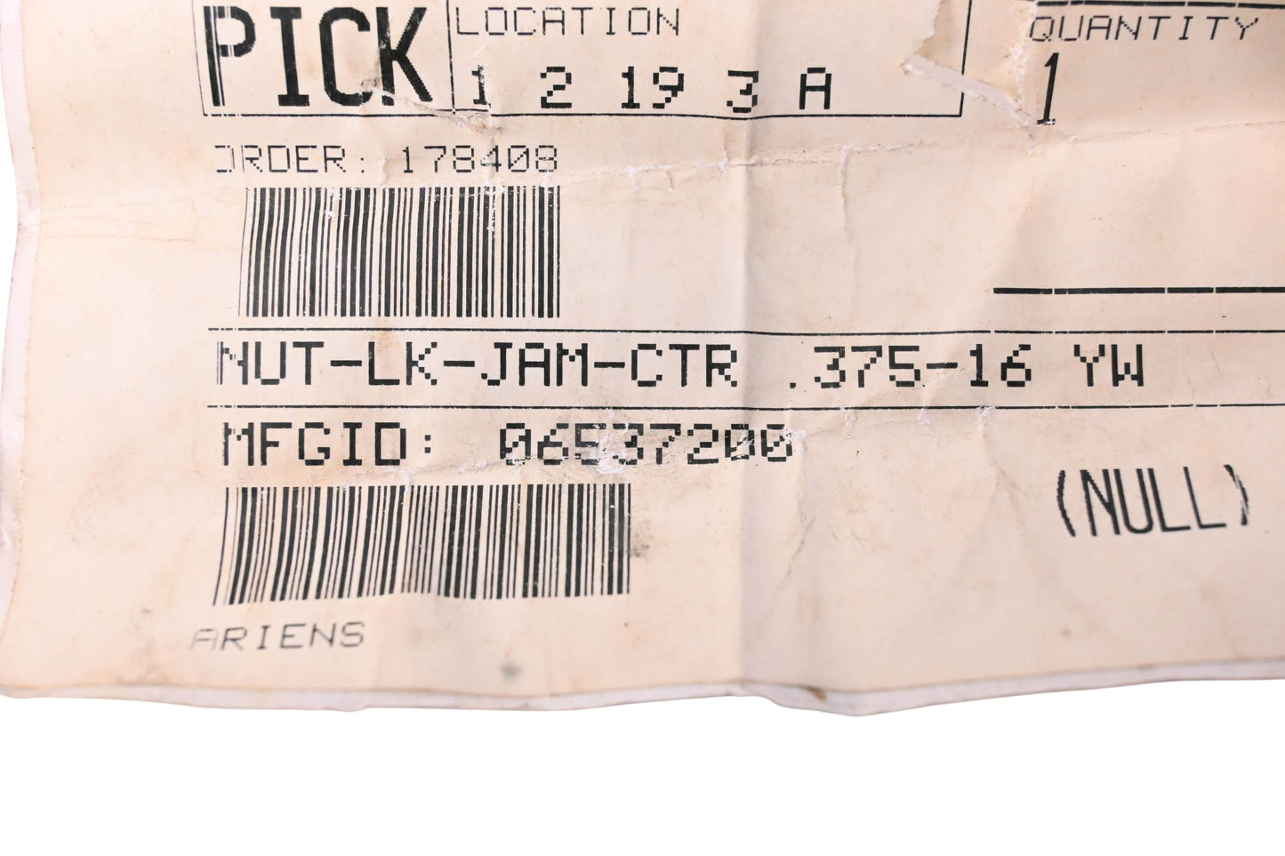 Ariens 06537200, 6500914 Center Jam Lock Nut NOS