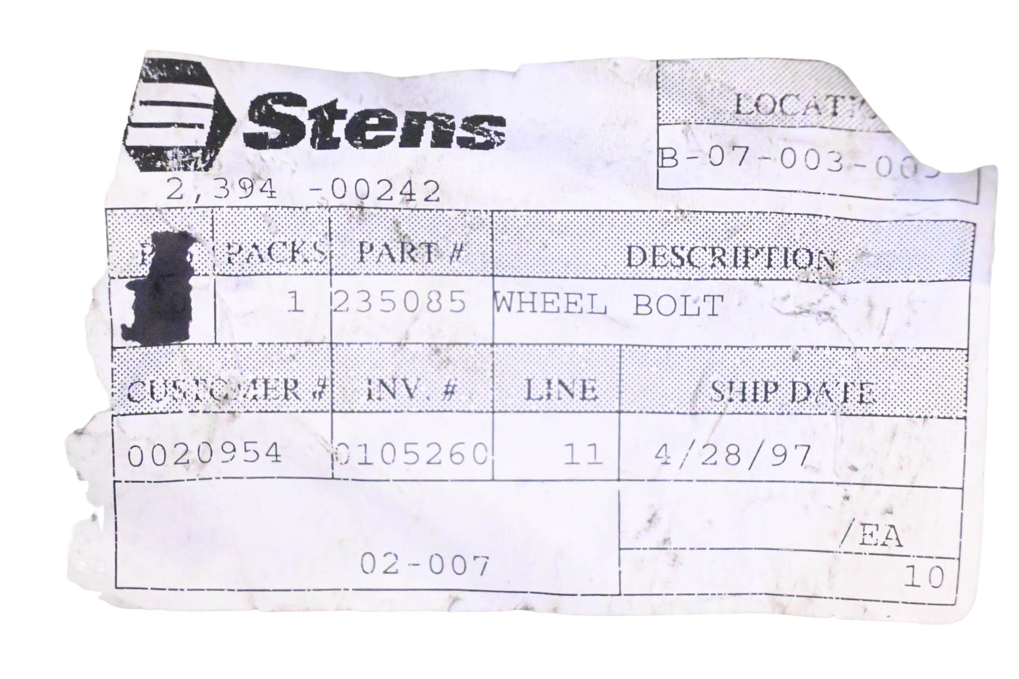 Stens 235-085 Wheel Bolt NOS