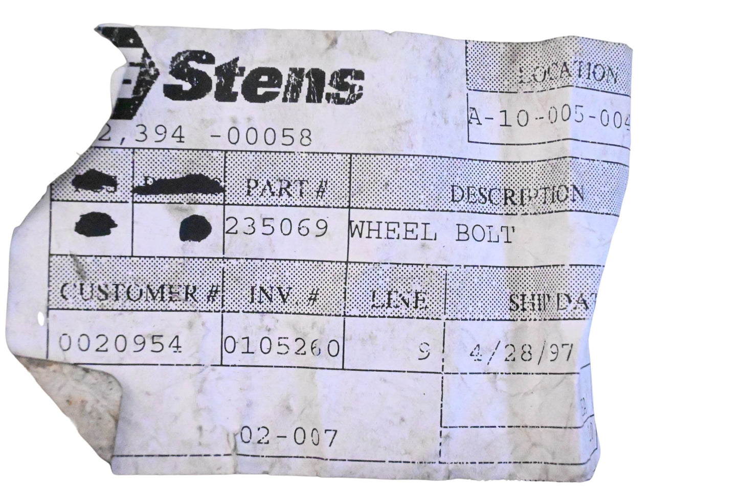 Stens 235069, 235-069 Wheel Bolt NOS