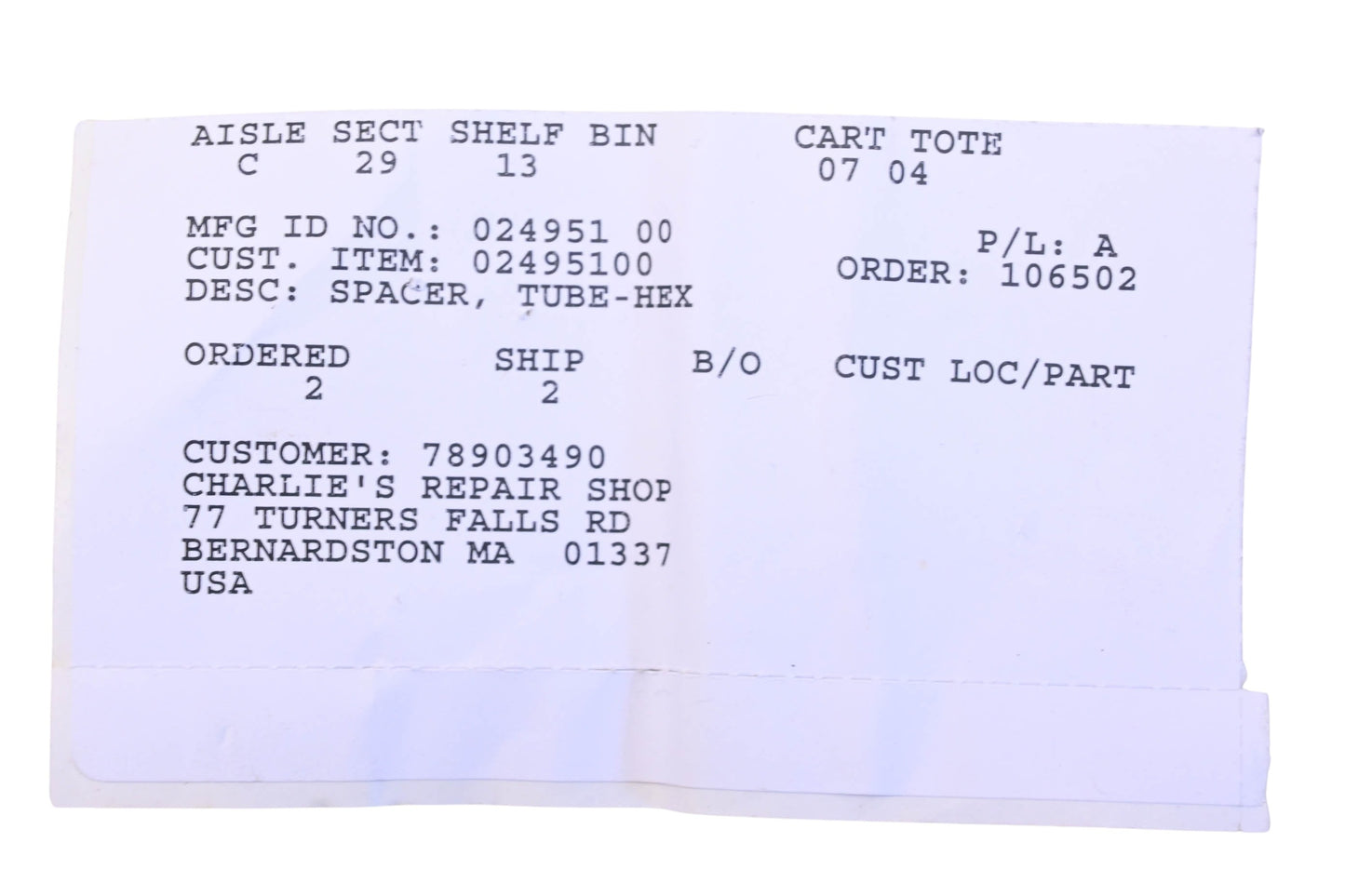 Ariens 02495100 Tube Spacer NOS