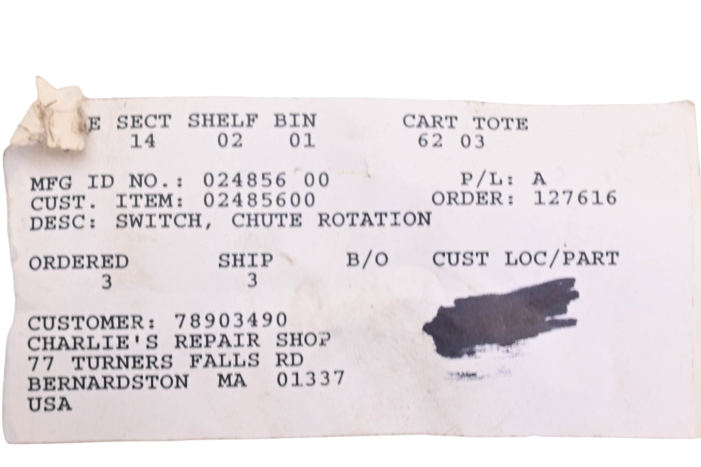 Ariens 02485600 Chute Rotation Switch NOS