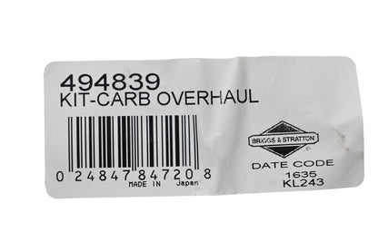 New OEM Briggs & Stratton 494839 Carburetor Overhaul Kit NOS