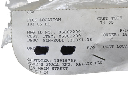 Ariens 05802200 Roll Pin .313x1.38 NOS