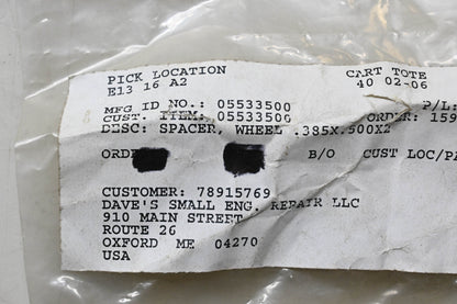 Ariens 05533500 Wheel Spacer .385x.500x2.00 NOS